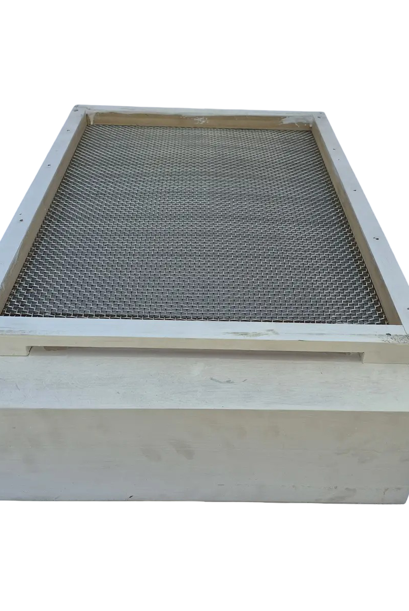 varroa-tray-side-view.webpWooden beehive screened bottom board with varroa mite tray — angled side view