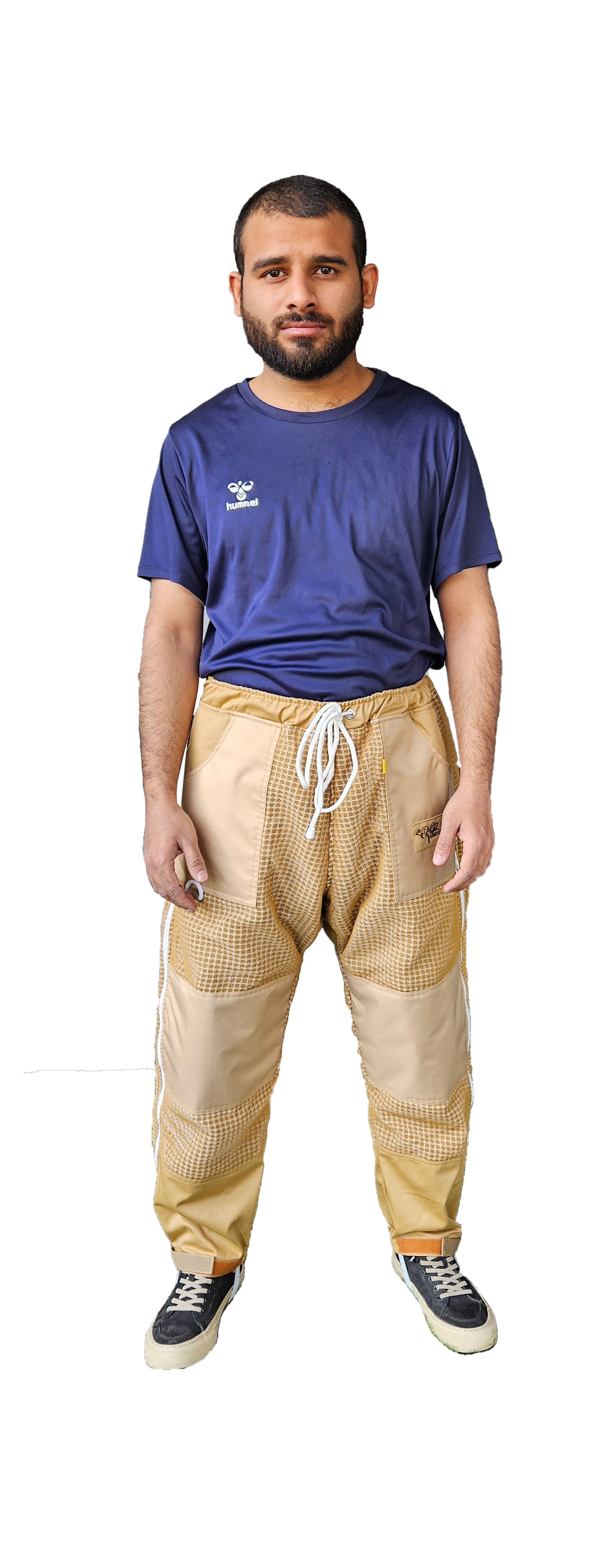Man wearing a blue shirt and Khaki Beekeeping pant 