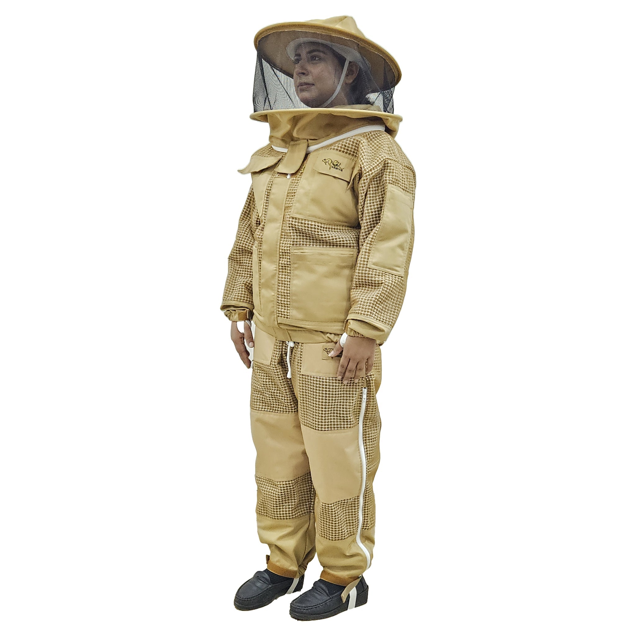 Person wearing a Khaki Beekeeping Jacket & Trousers Pants Set 3 Layer Mesh suit with a veil 