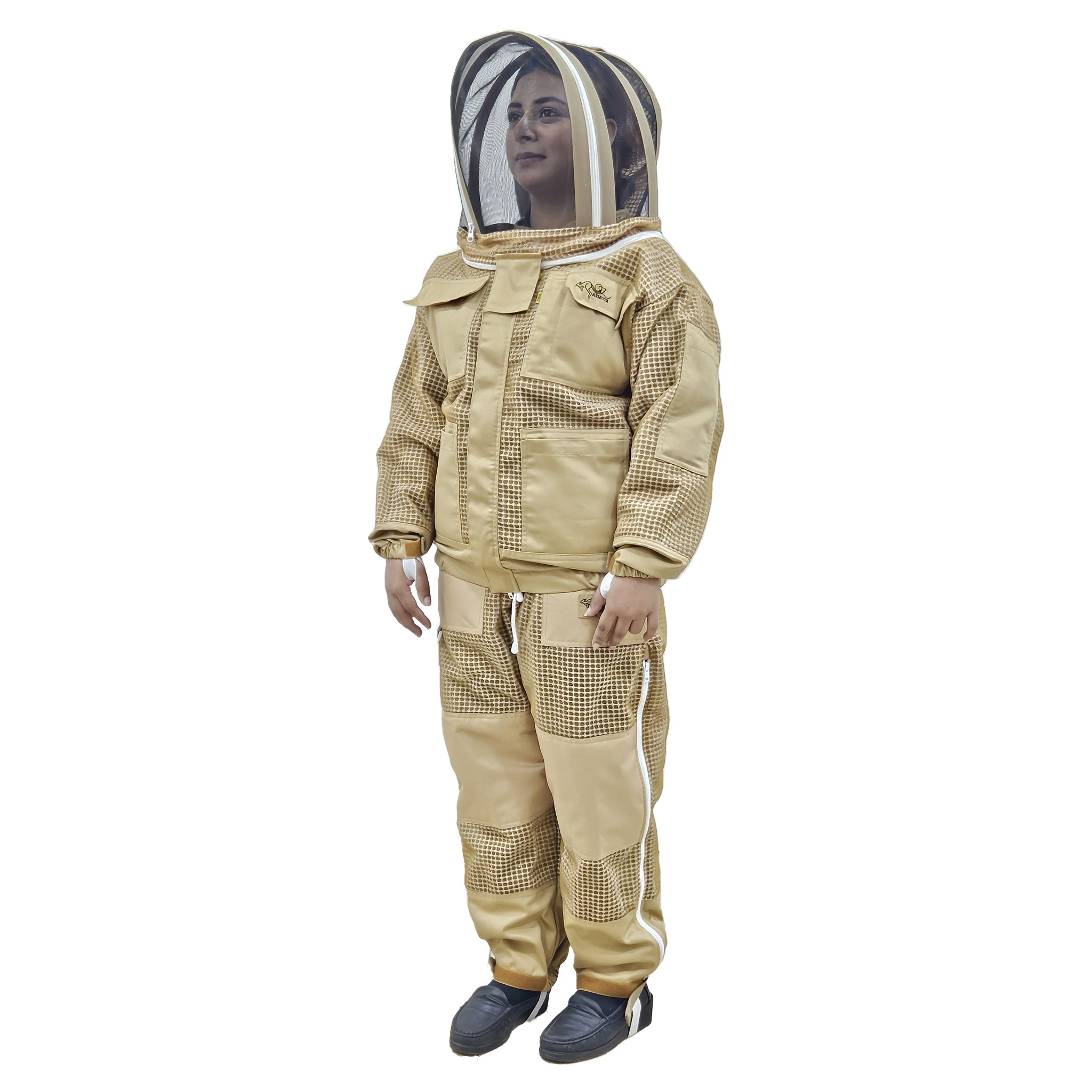 Angled view of Khaki Beekeeping Jacket & Trousers Pants Set 3 Layer Mesh