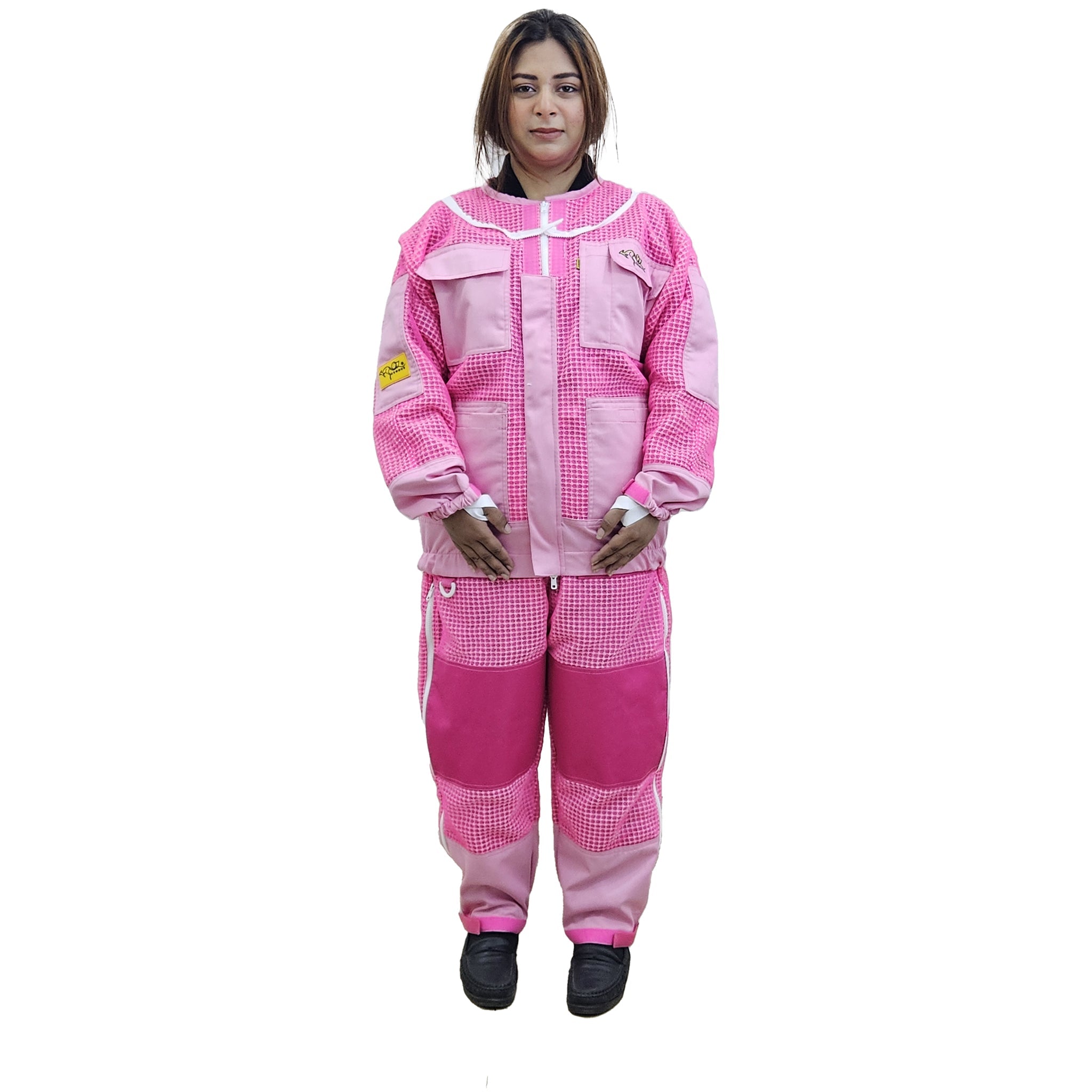 Full pink beekeeping suit standing view