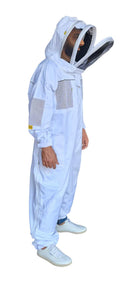 Side view of blue OZ ARMOUR ventilated beekeeping suit with veil