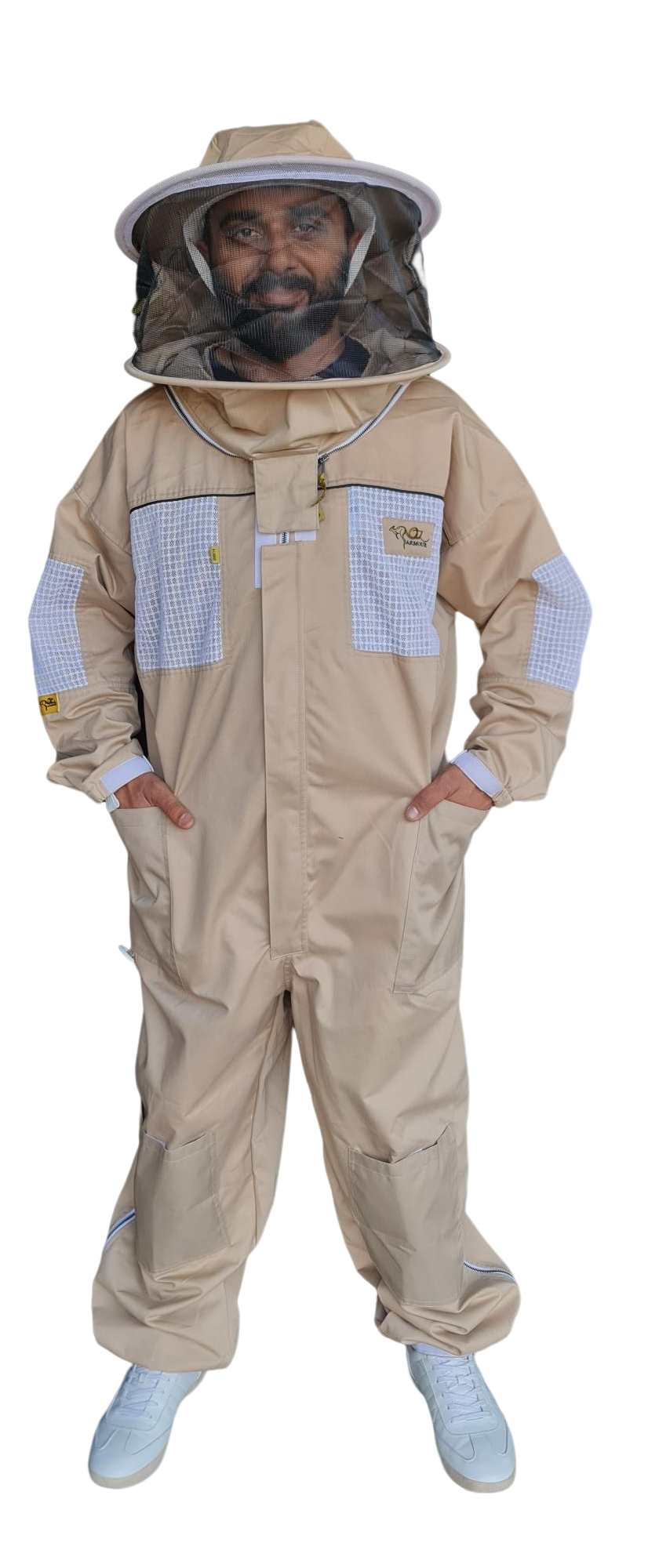 Beige OZ ARMOUR ventilated beekeeping suit with round hat veil