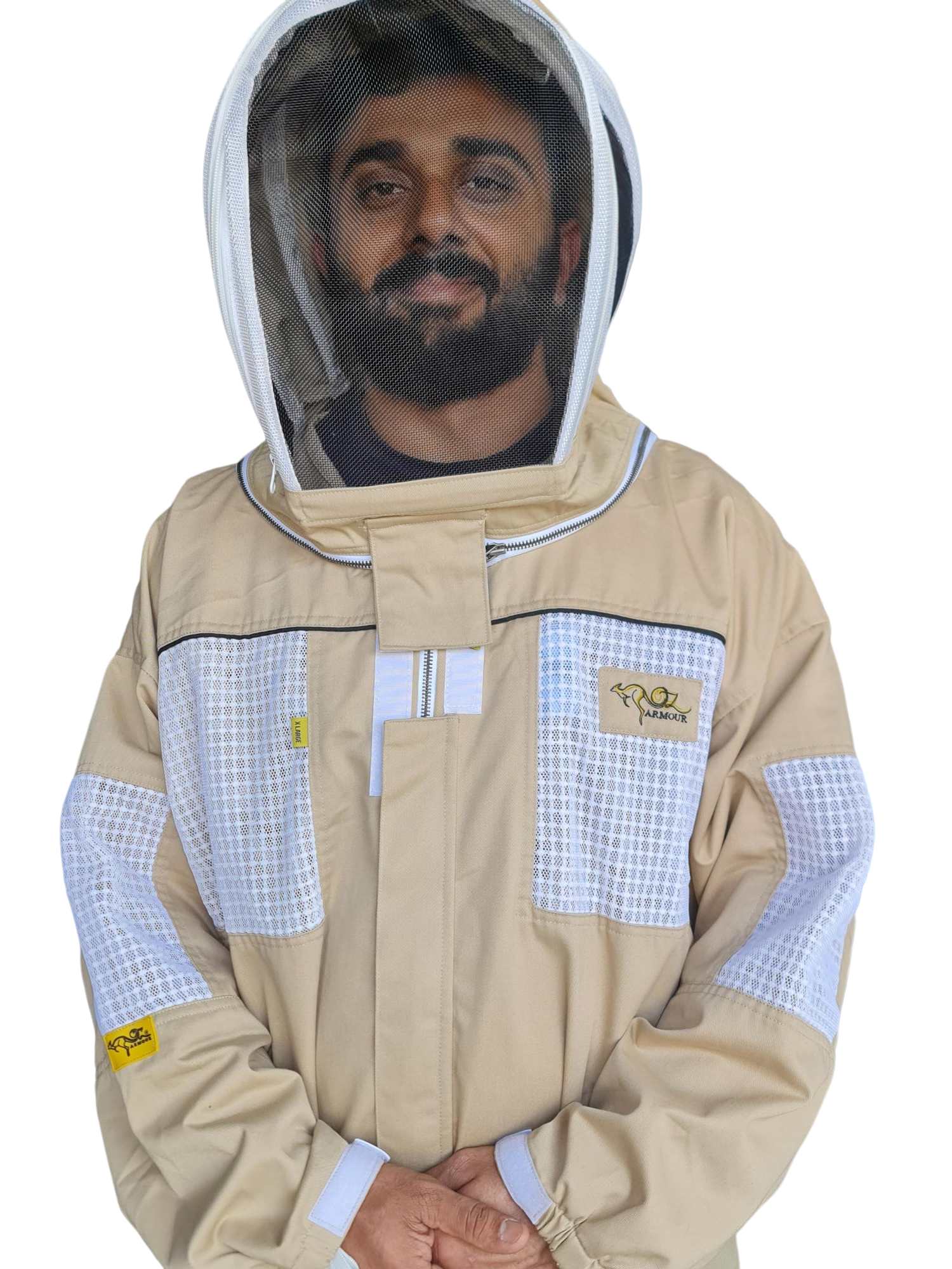 Close up of OZ ARMOUR beekeeping suit with round hat veil
