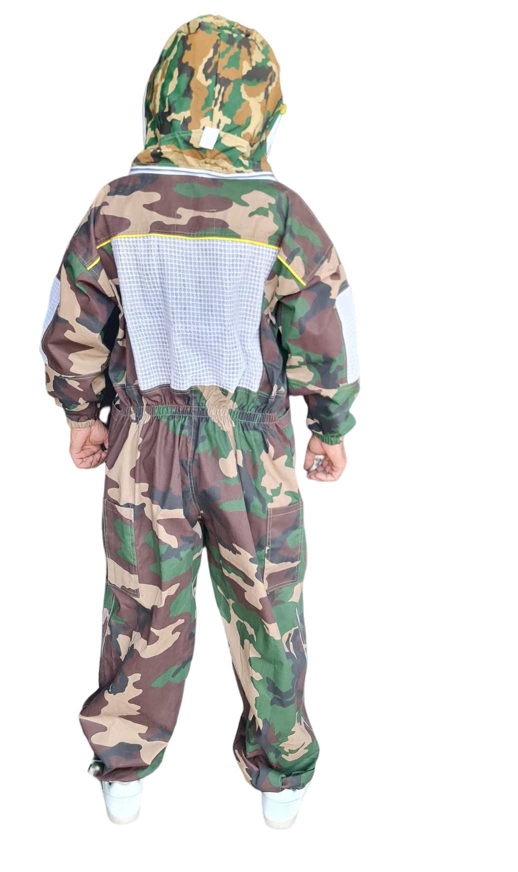Back view of camouflage OZ ARMOUR beekeeping suit with veil