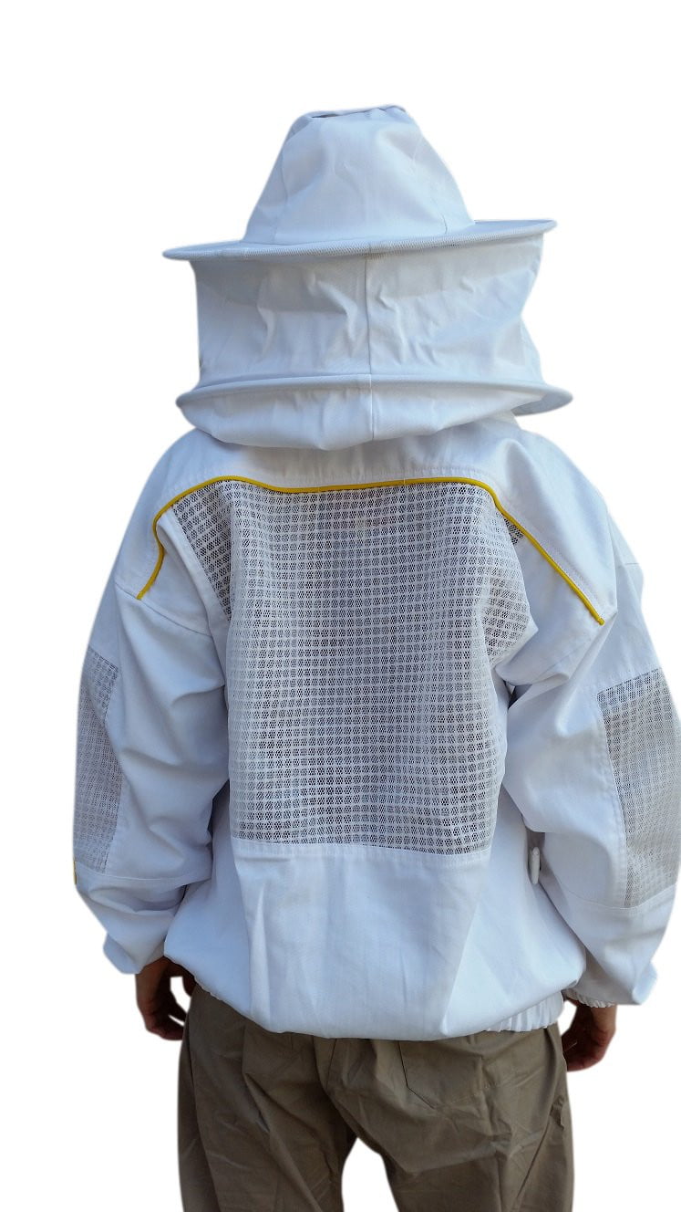 Poly Cotton Semi Ventilated Beekeeping Jacket With Fencing Veil & Round Hat Veil - Back Side 