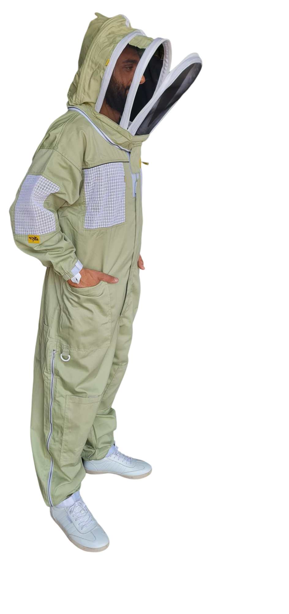 Side view of light green OZ ARMOUR ventilated beekeeping suit