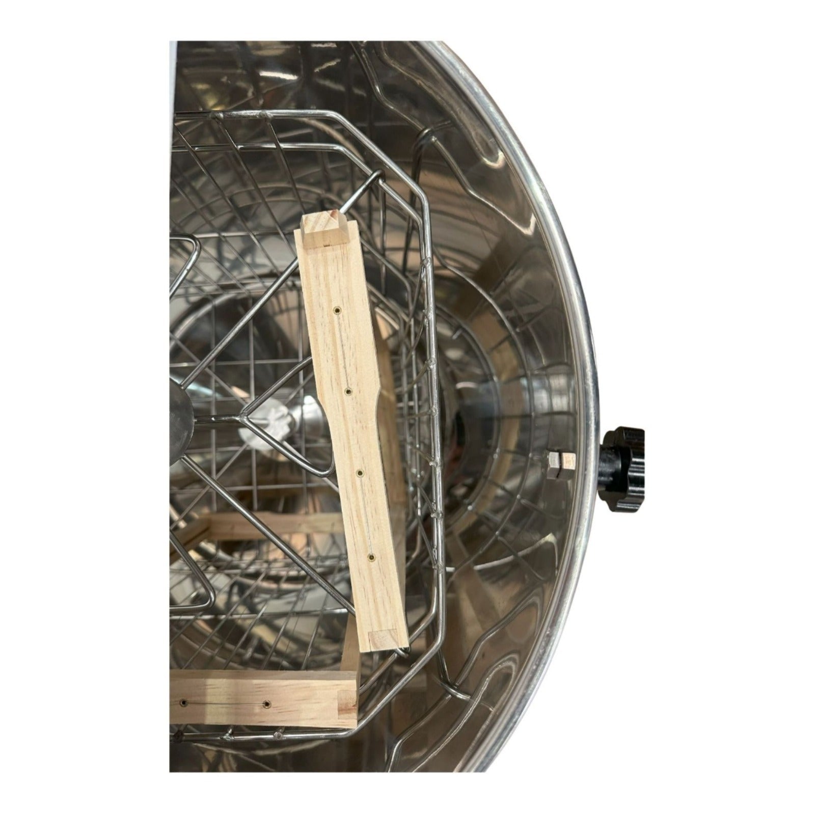 OZ Armour manual honey extractor interior with stainless steel basket and wooden frame supports