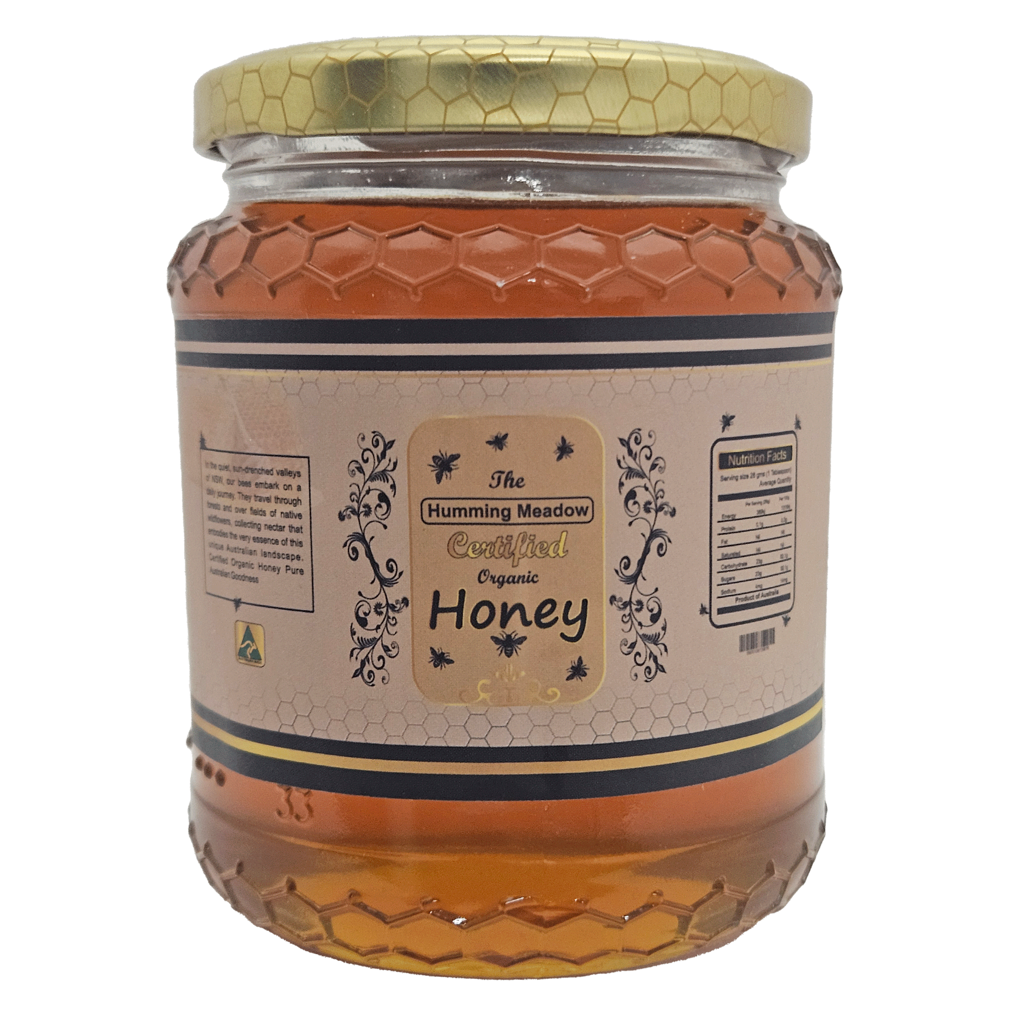 Organic honey glass jar with label and gold lid