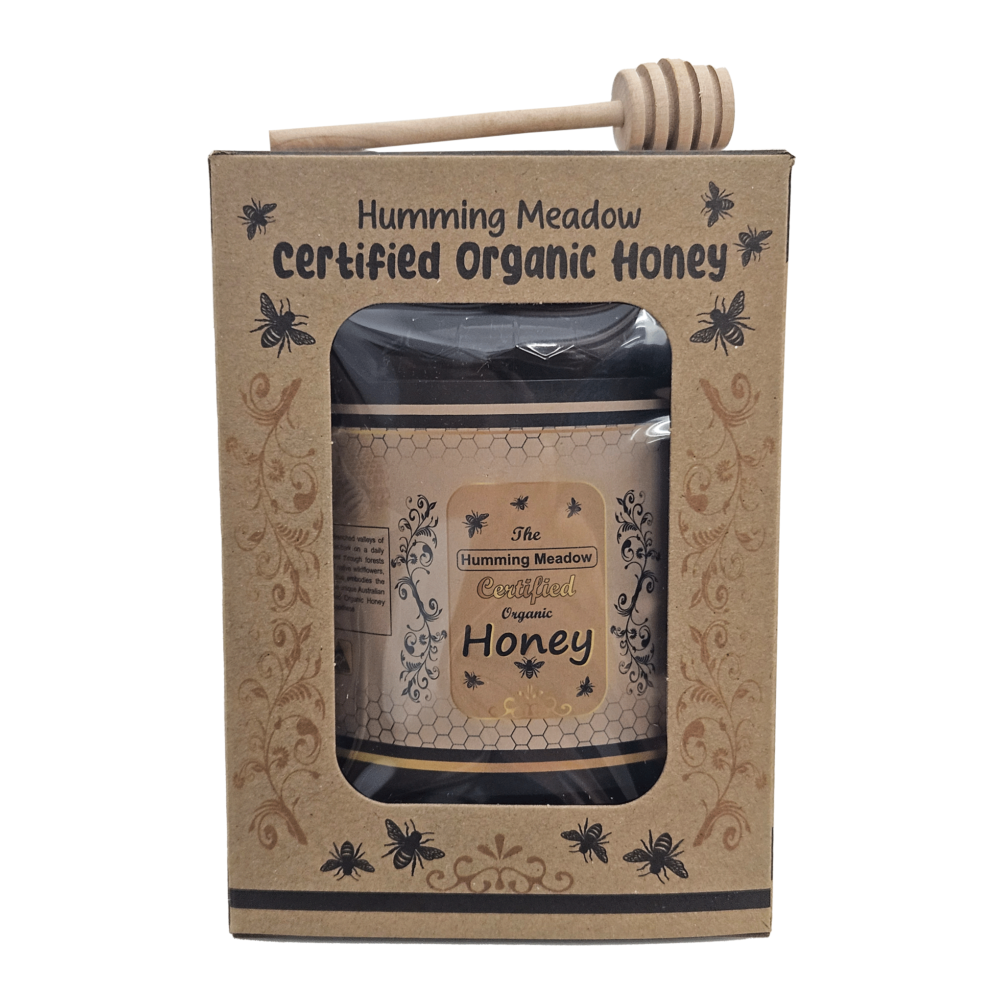 Organic honey gift box with wooden honey dipper on top