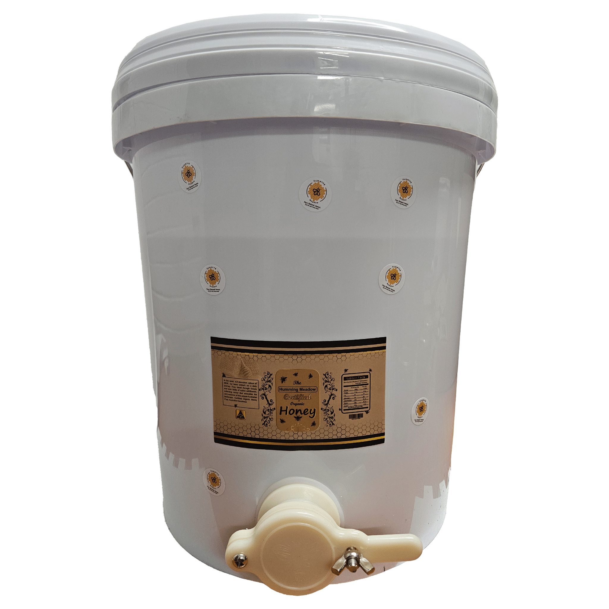 Organic honey in white food-grade bucket with lid and honey gate tap
