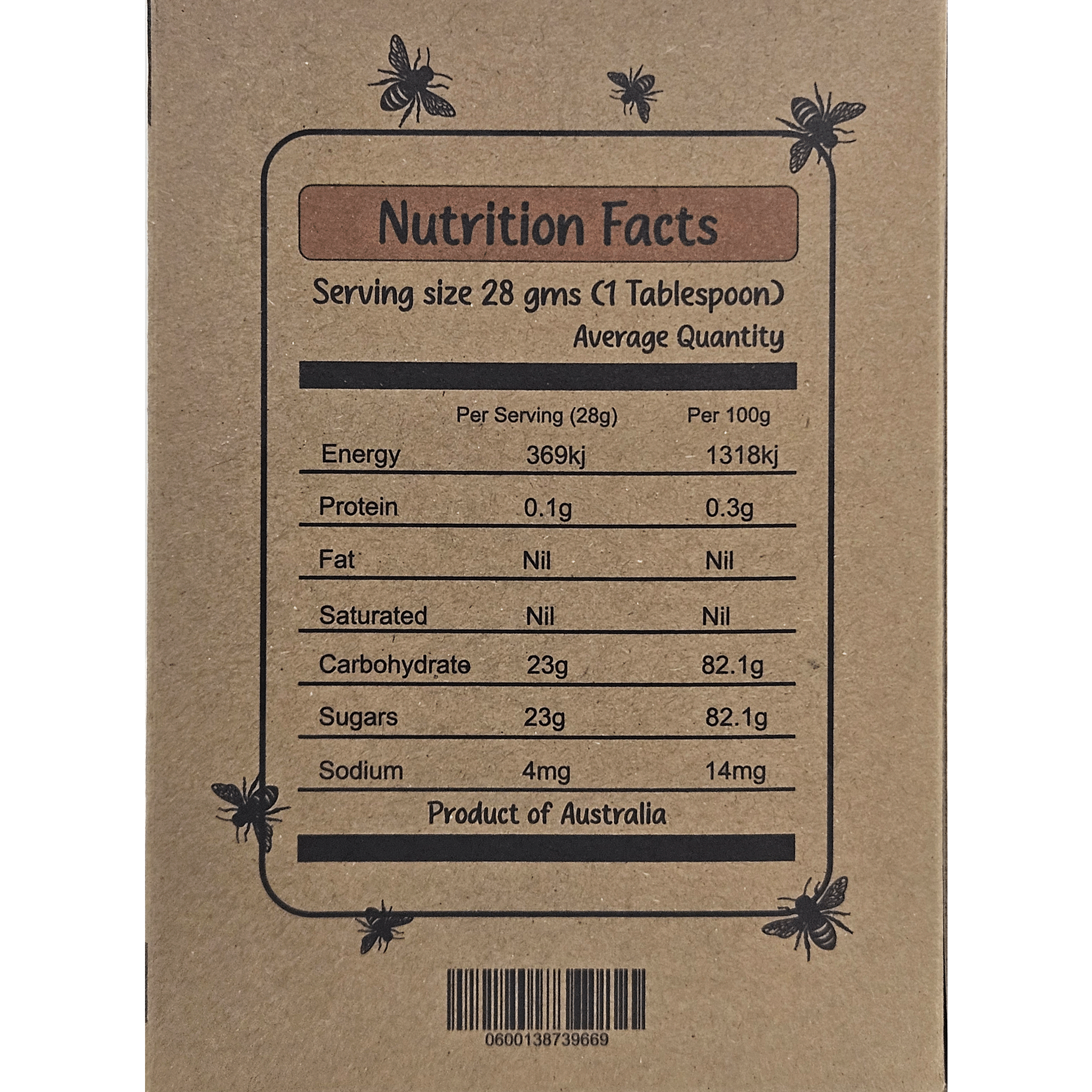 Nutrition facts panel on organic honey packaging