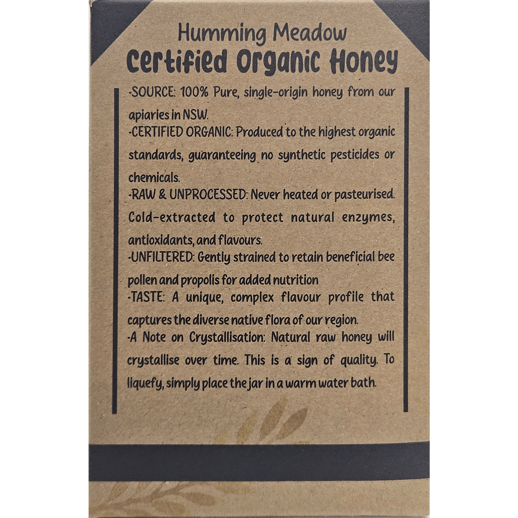 Back panel of organic honey packaging showing product information