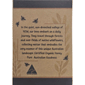 Back panel of organic honey packaging with brand story and Australian made logo