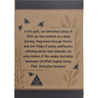 Back panel of organic honey packaging with brand story and Australian made logo