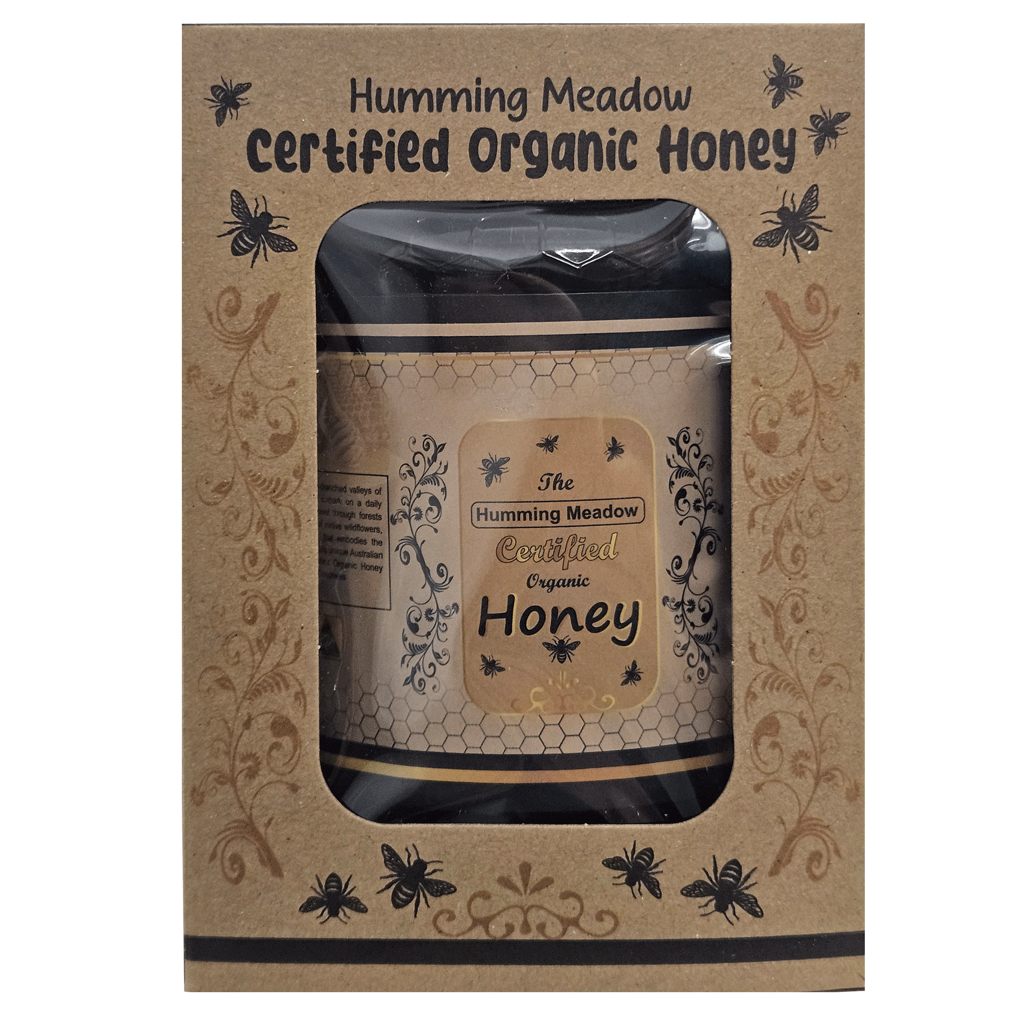 Front view of organic honey gift box packaging