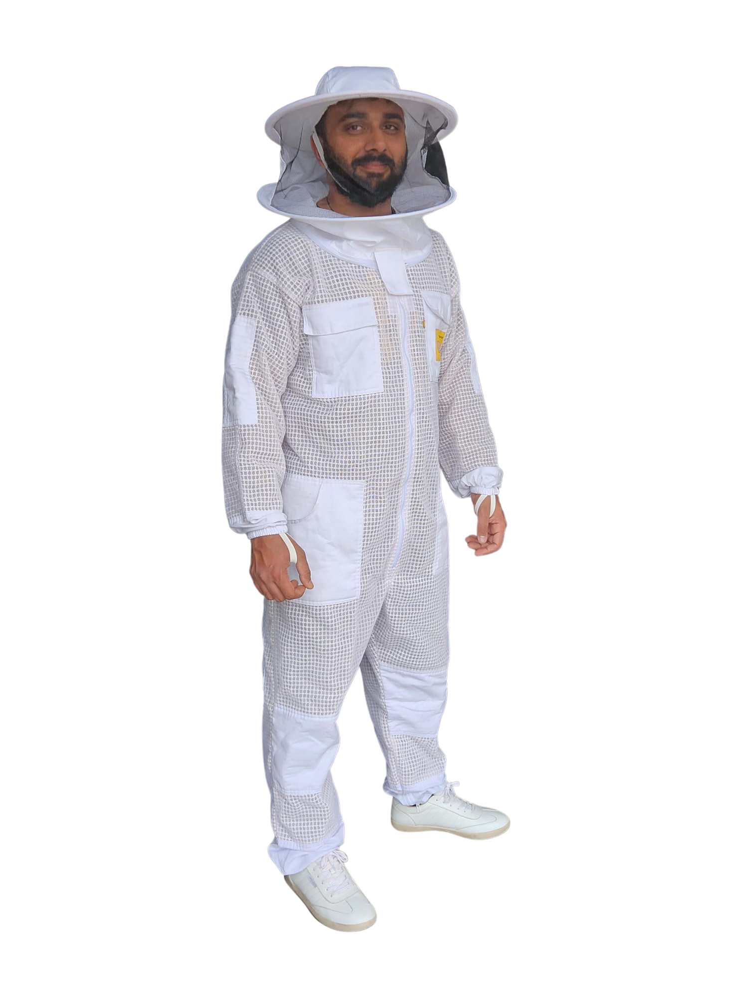 Front view of white 3-layer ventilated beekeeping suit with veil