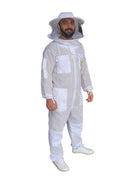 Front view of white 3-layer ventilated beekeeping suit with veil