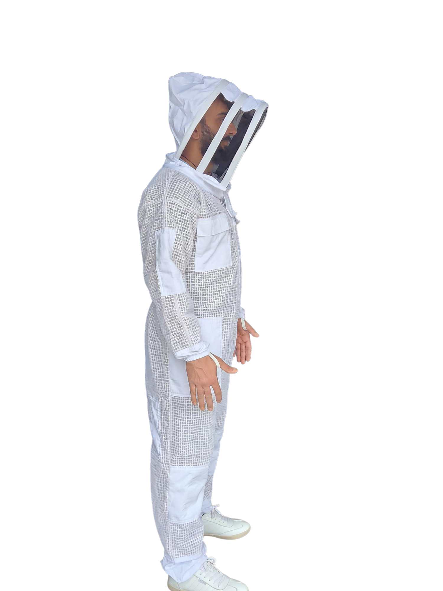 Side profile of white ventilated beekeeping suit with protective veil