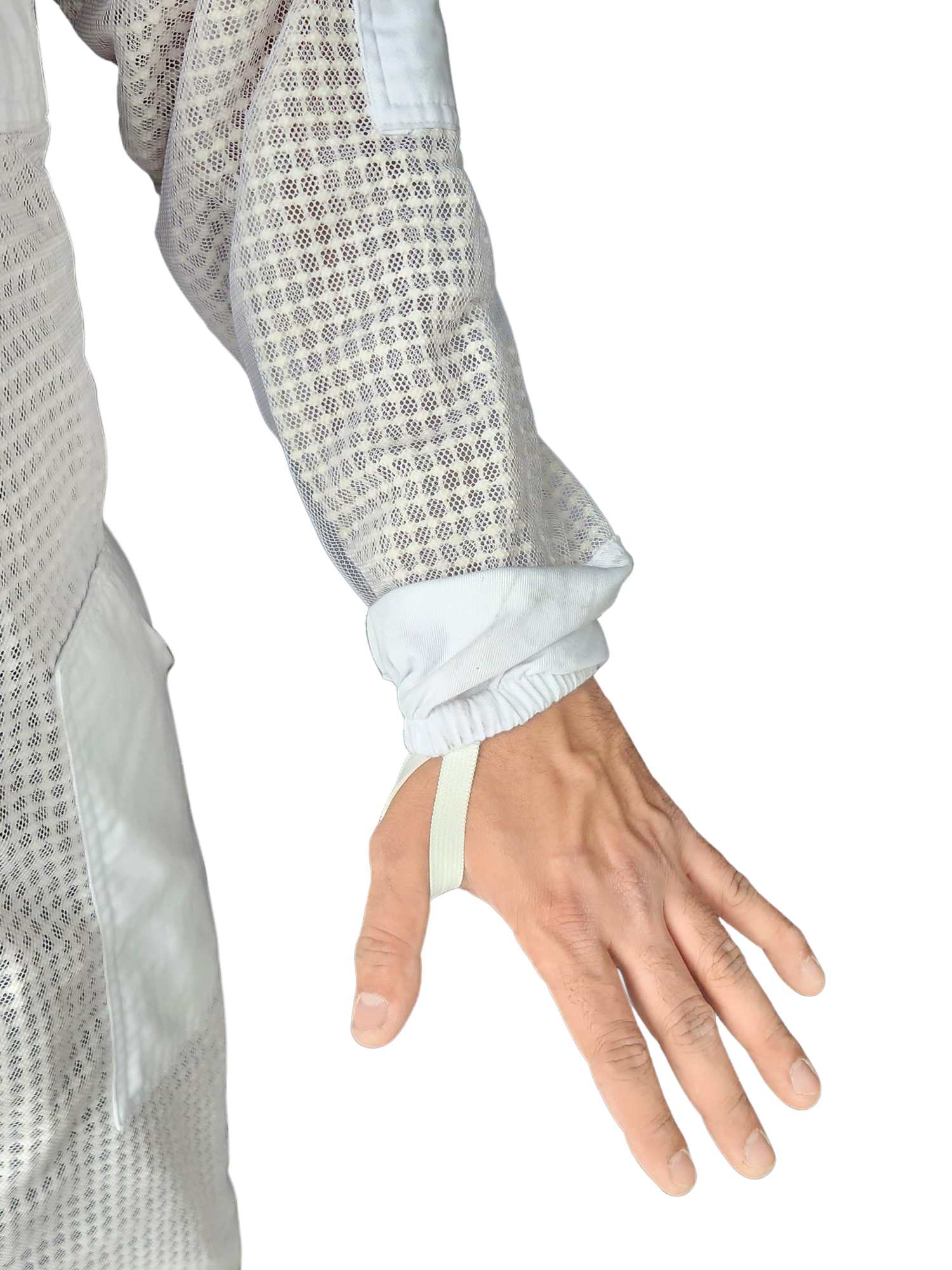 Close-up of beekeeping suit sleeve and glove cuff protection