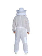Rear full body view of white 3-layer beekeeping suit