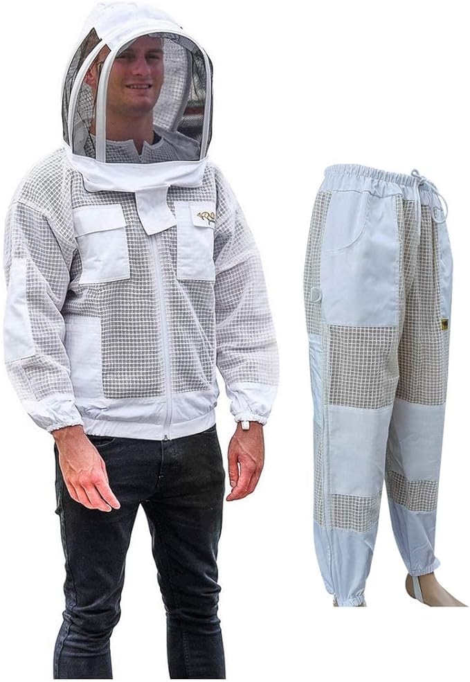 Beekeeping Suit Jacket & Trousers Pants with 2 Veils Fencing & Round Brim Hat Ventilated 3 Layer Mesh Costume - 