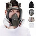 Man wearing full face respirator mask with acid gas cartridges and carry bag for oxalic acid vaporization