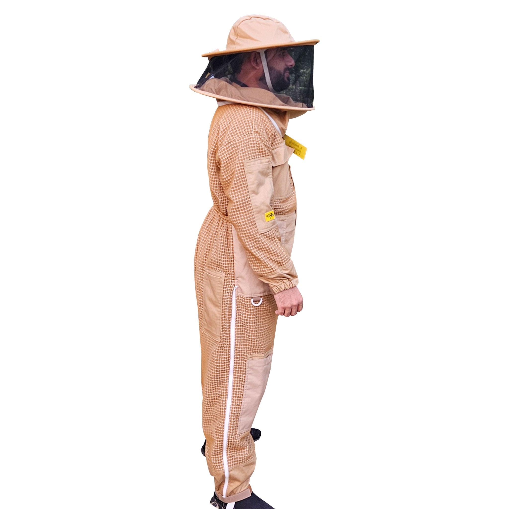 Khaki OZ ARMOUR beekeeping suit with 3 layer mesh and fencing veil for ventilation Side View