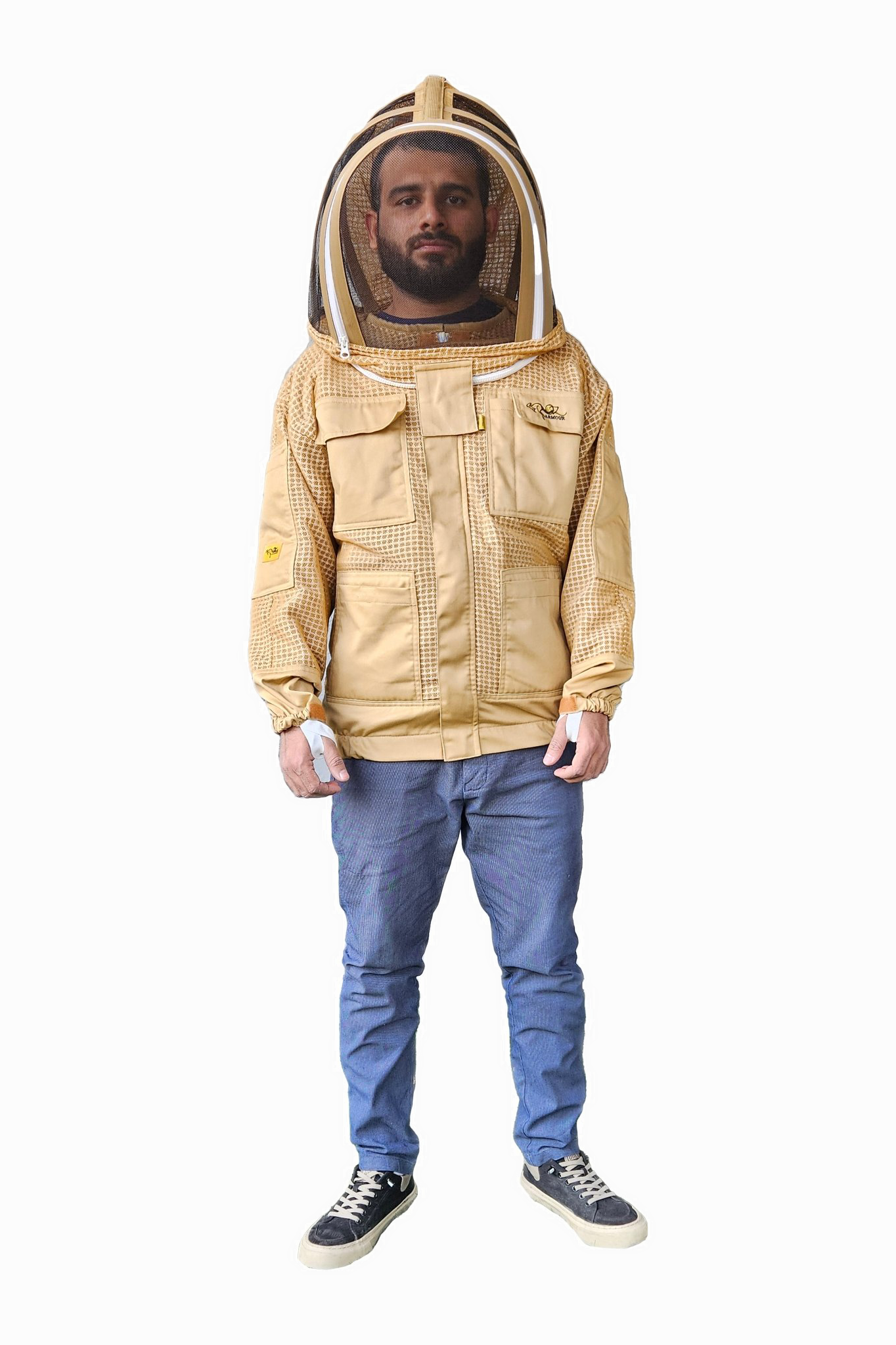 Khaki 3 Layer Mesh Ventilated Beekeeping Jacket With Fencing Veil & Round Hat Veil - Front Side
