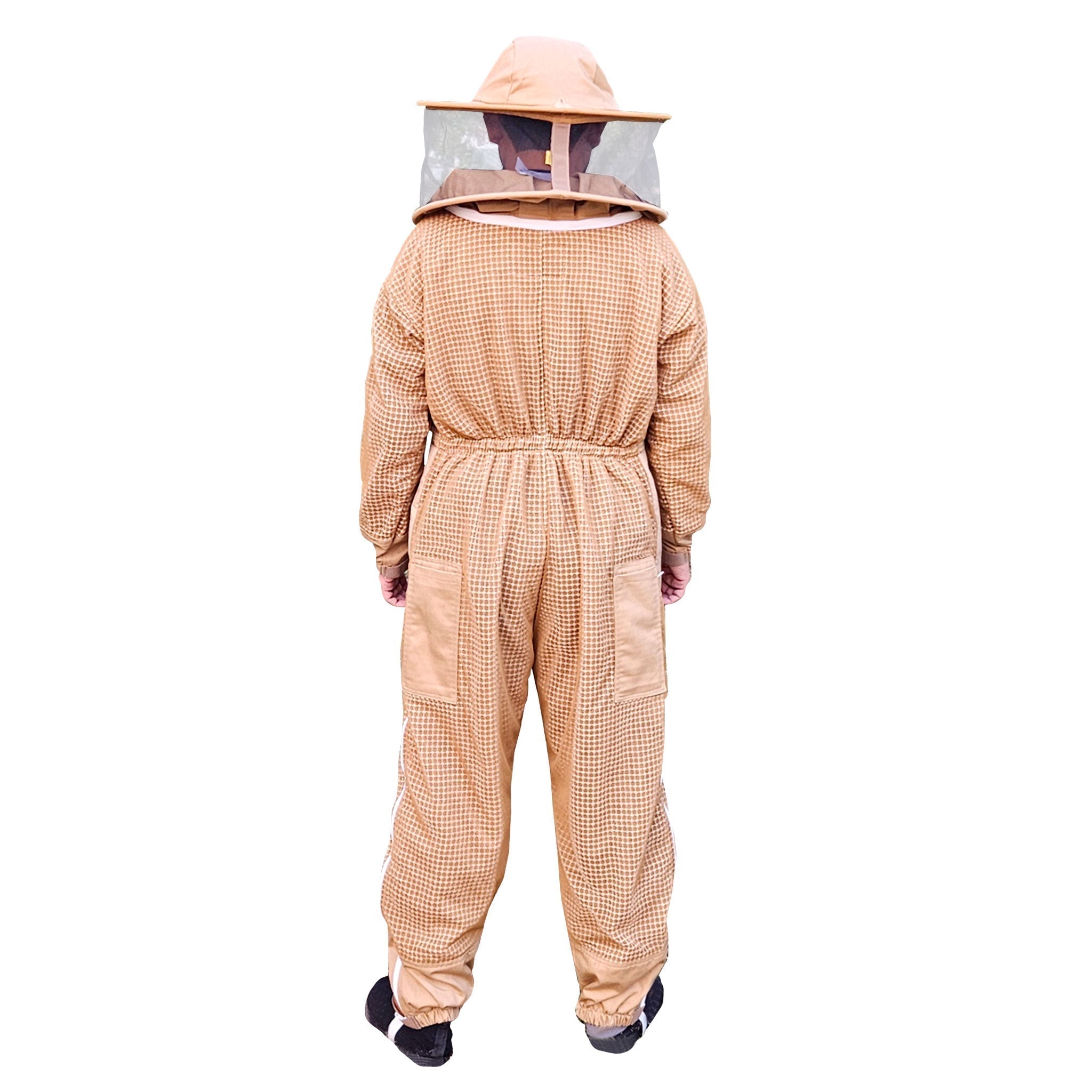 Khaki ventilated beekeeping suit by OZ ARMOUR with 3 layer mesh and Round Hat Backside