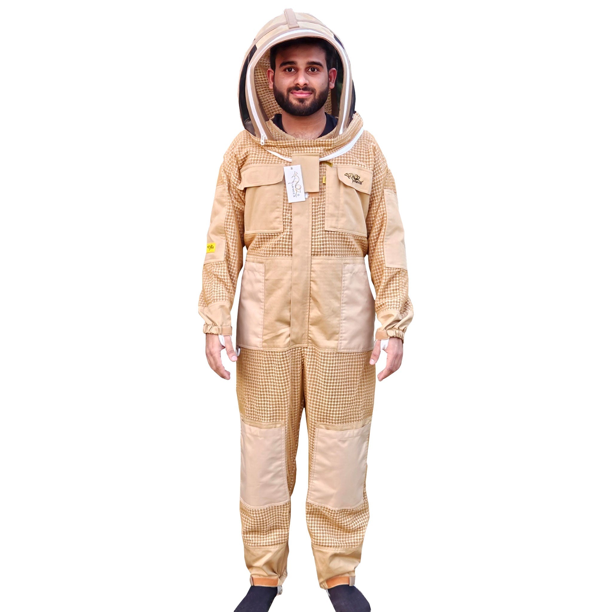 Khaki OZ ARMOUR beekeeping suit with 3 layer mesh and fencing veil for ventilation