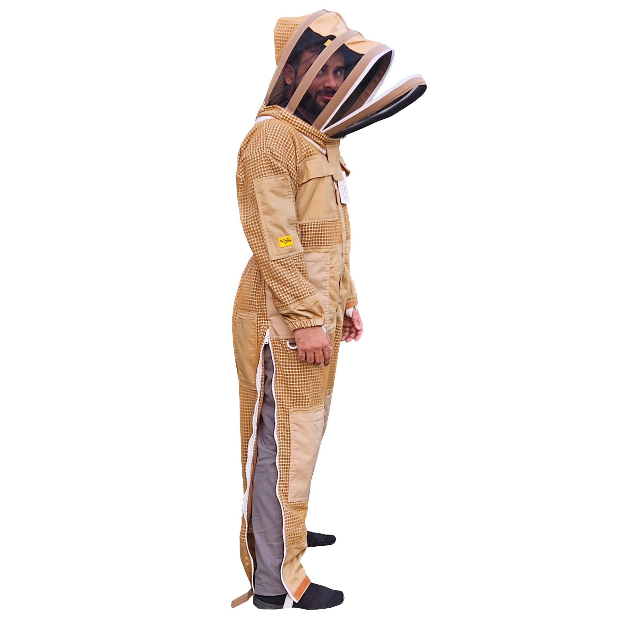 Khaki ventilated beekeeping suit by OZ ARMOUR with 3 layer mesh and fencing veil
