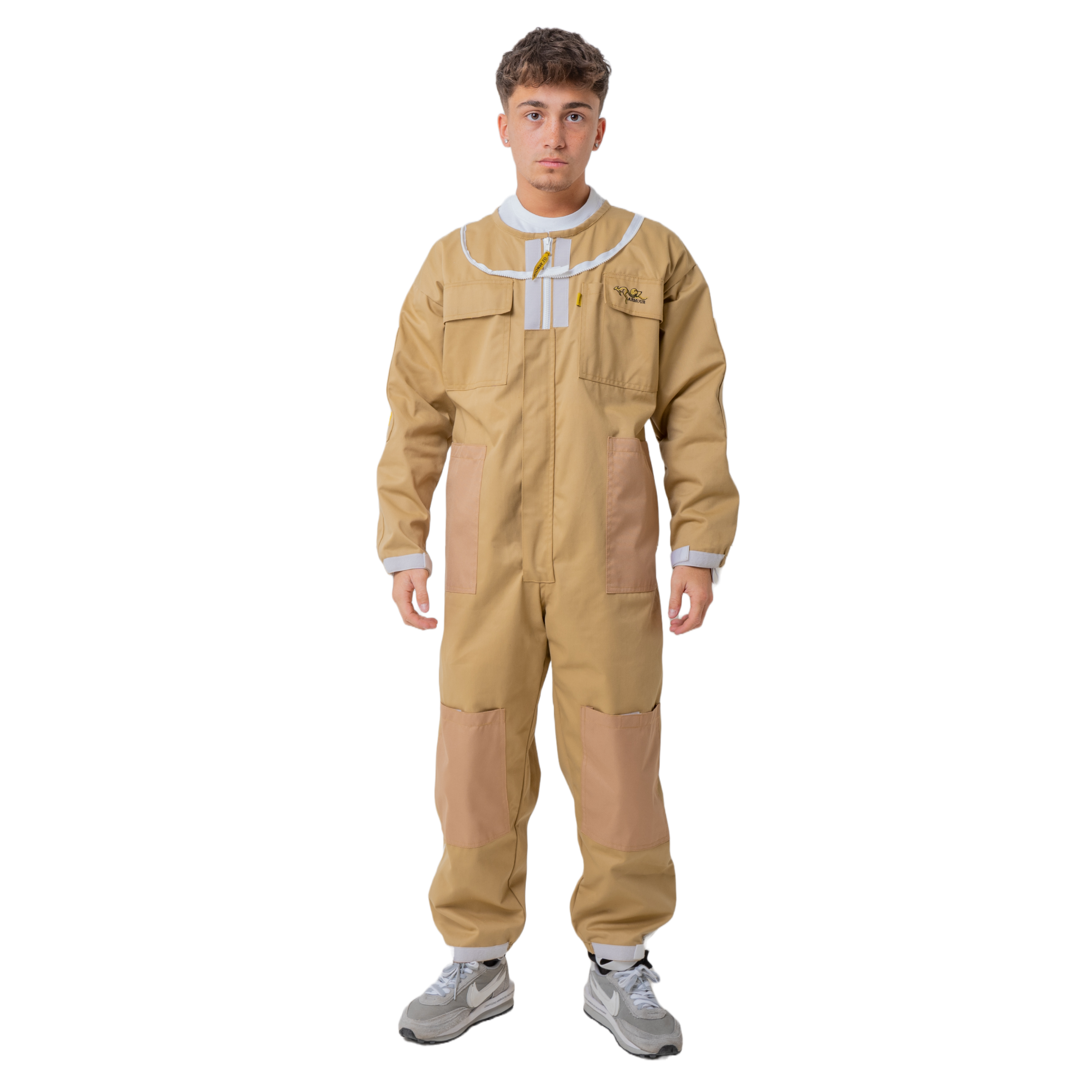 Protective beekeeping suit with round hat in khaki poly cotton