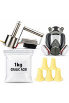 Oxalic acid treatment bundle featuring INSTANTVap stainless steel vaporizer, full-face respirator mask with filters, five yellow silicone nozzle tips, and 1kg oxalic acid pouch on a white background.