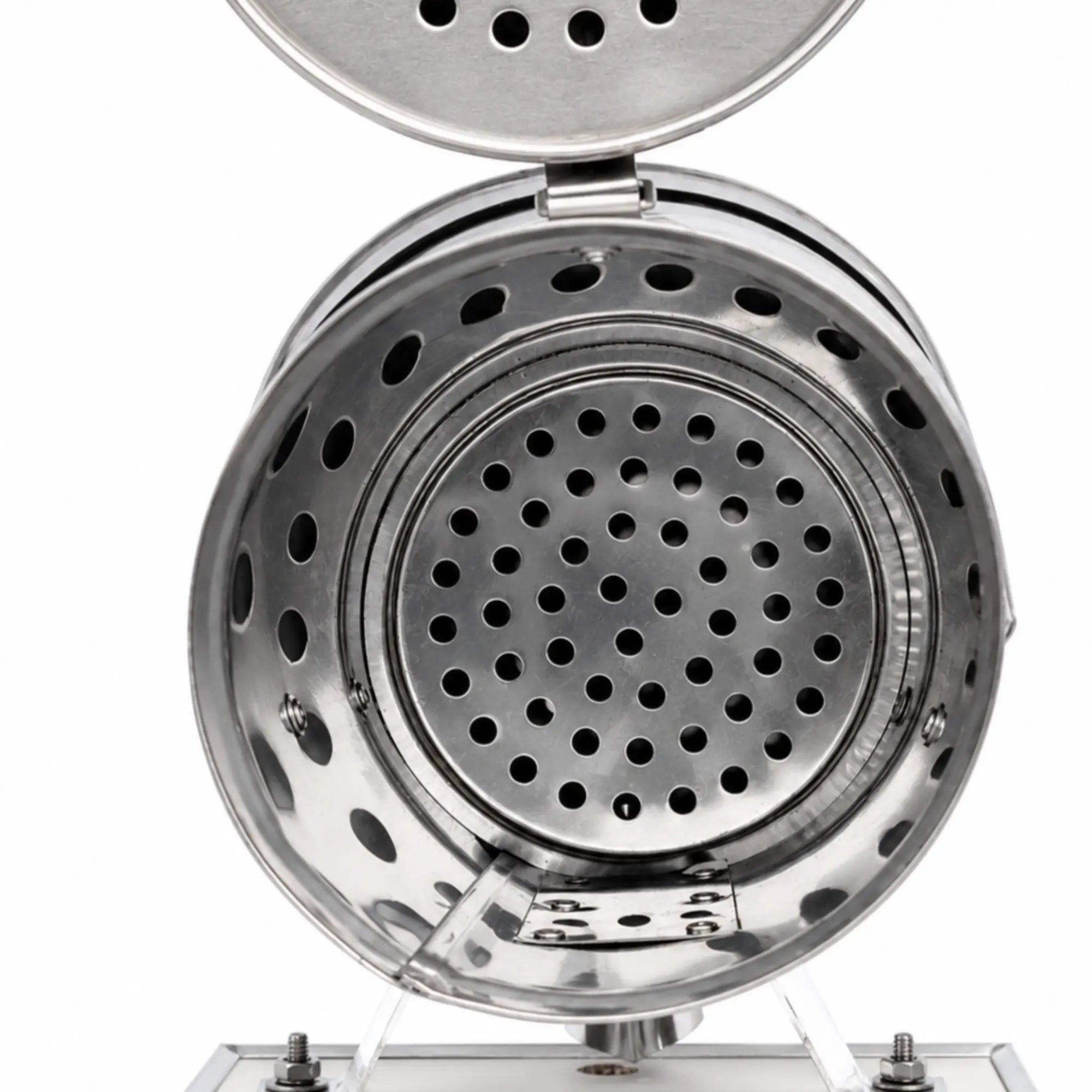Inside view of OZ Armour stainless steel bee smoker showing perforated fire chamber and grate