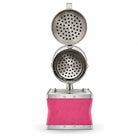 OZ Armour pink bee smoker with lid open showing perforated heat shield and fire grate