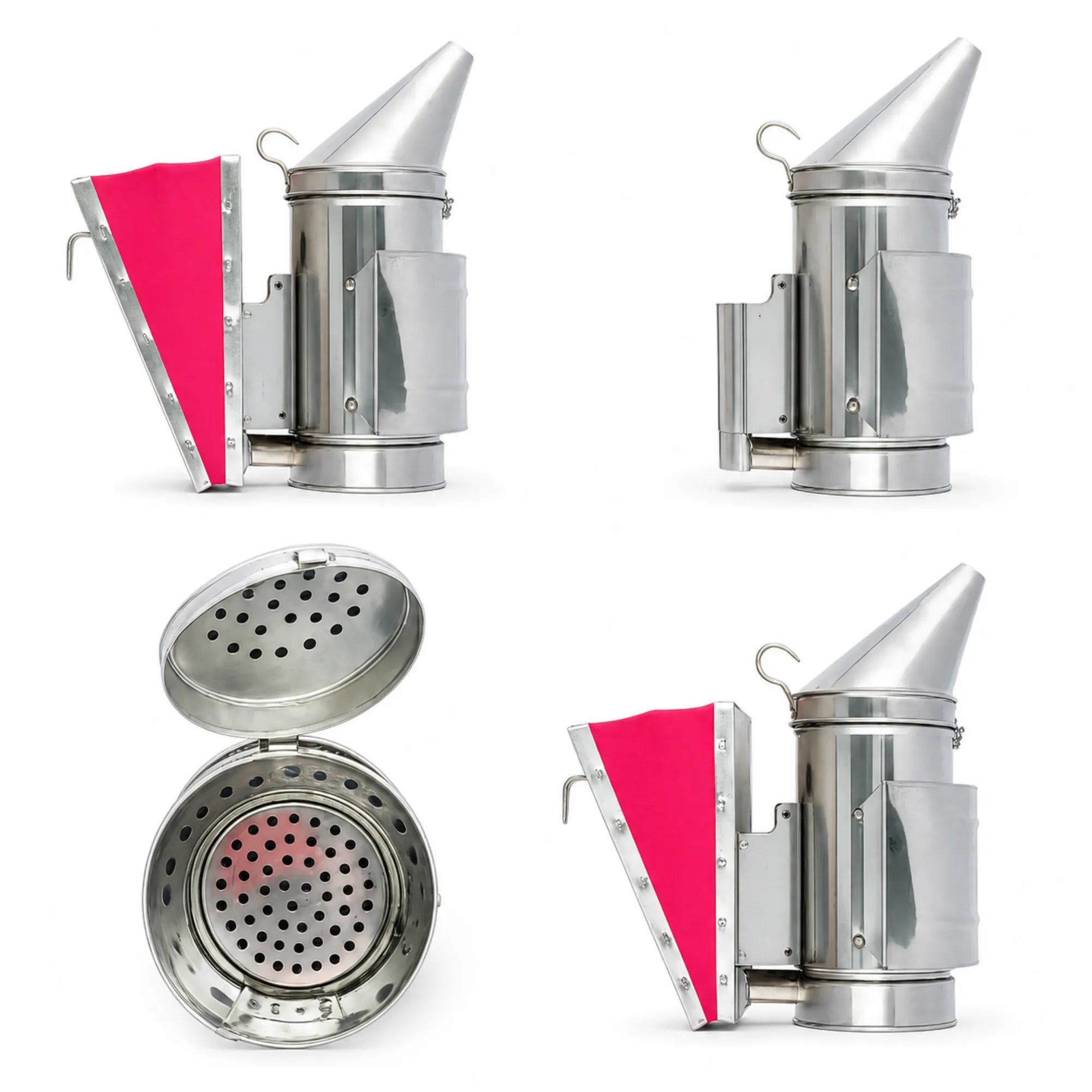 OZ Armour pink bee smoker shown from multiple angles with open fire chamber and bellows