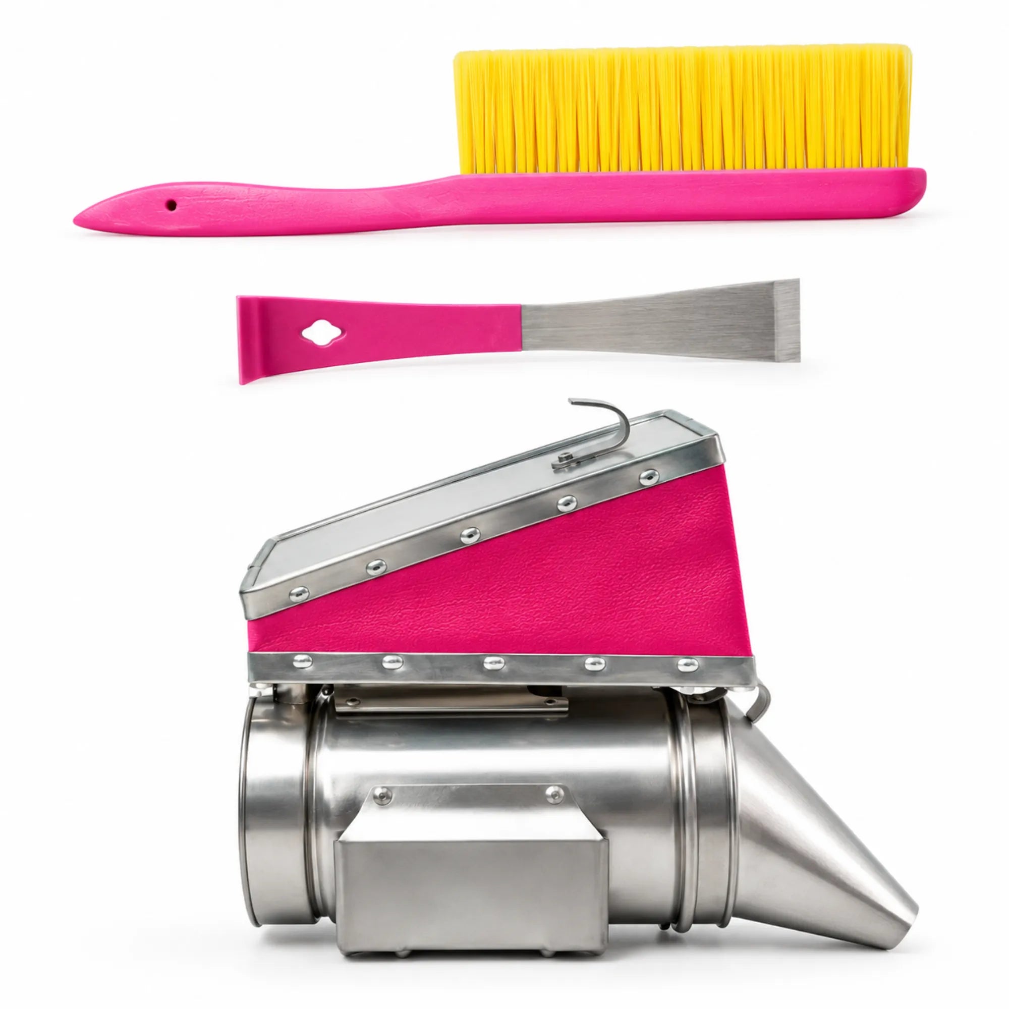 Set of cleaning tools including a pink brush, scraper, and a larger cleaning device on a white background.