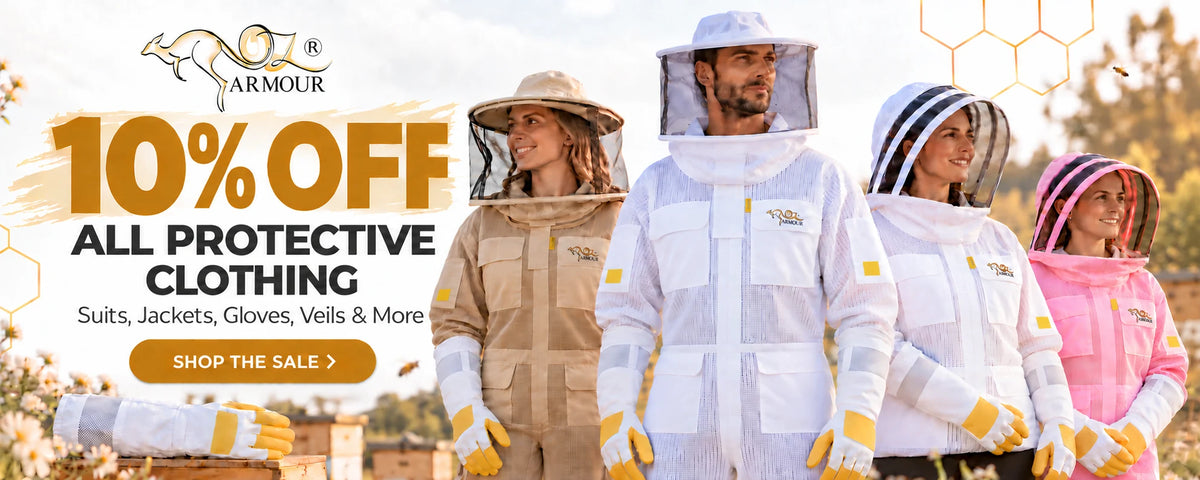 OZ Armour beekeeping suits, jackets, gloves and veils on sale with 10% off all protective clothing