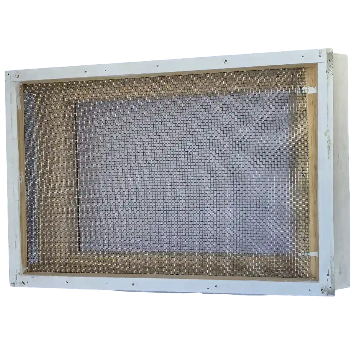 White painted wooden screened bottom board with wire mesh frame — top view