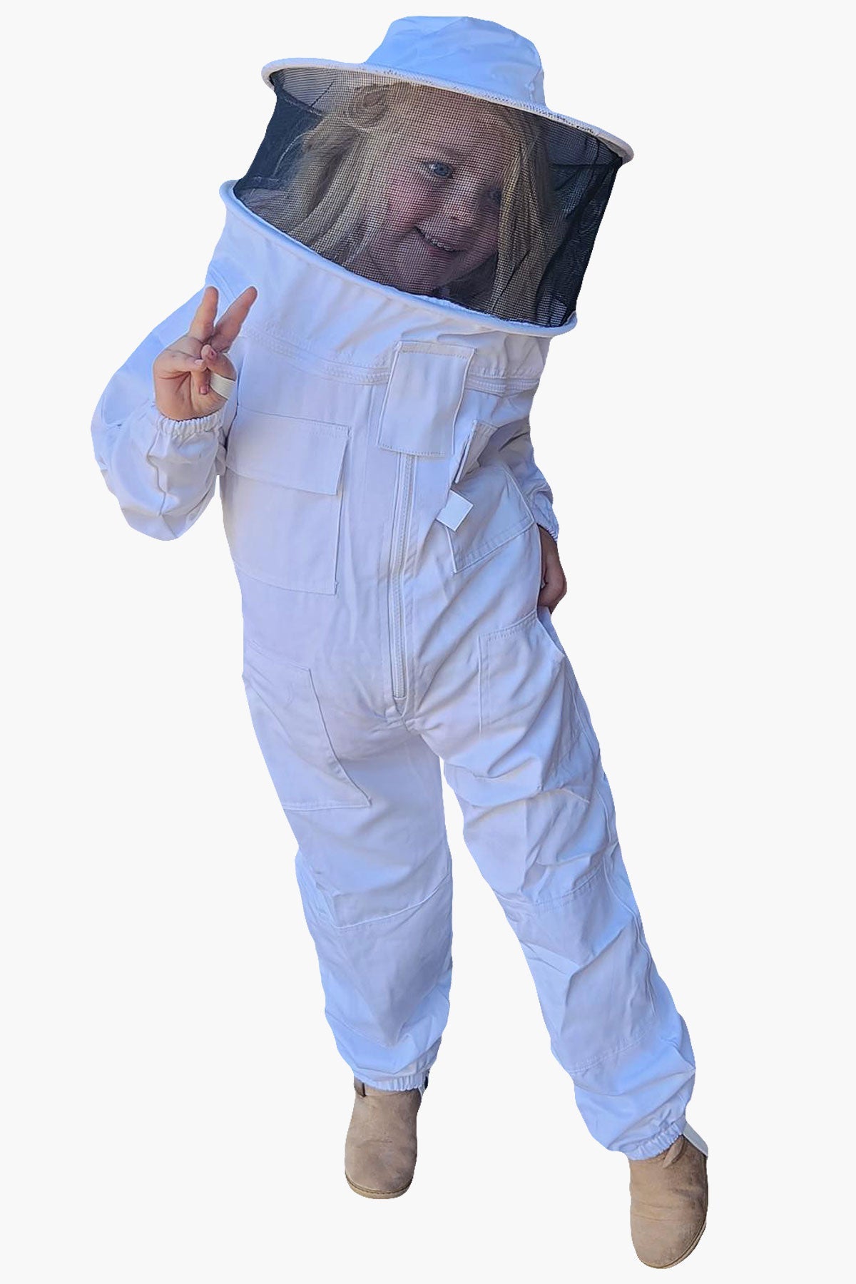 White Poly Cotton Children's Beekeeping Suits With Fencing and Round Hat Veils - Children's Suits