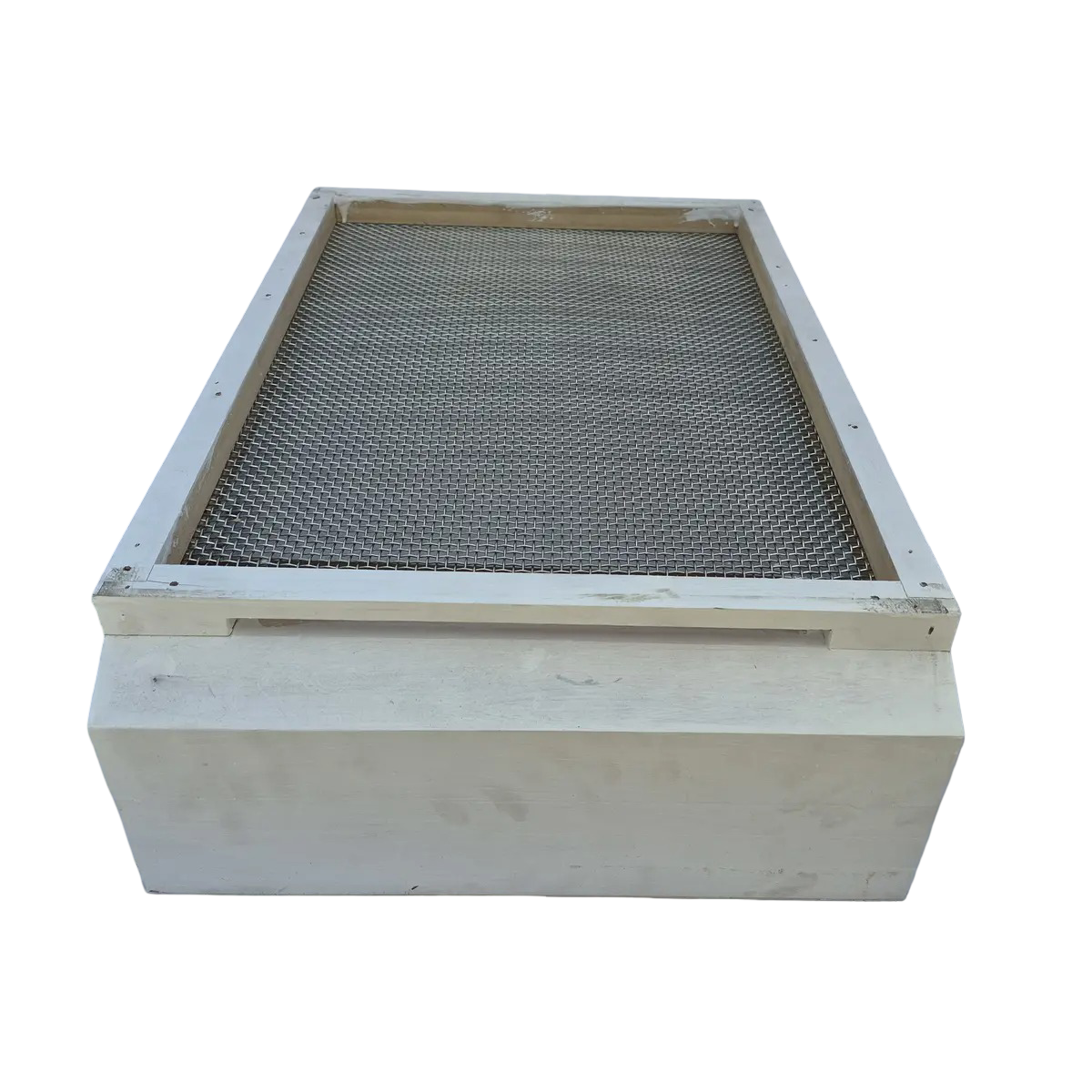 varroa-tray-side-view.webpWooden beehive screened bottom board with varroa mite tray — angled side view
