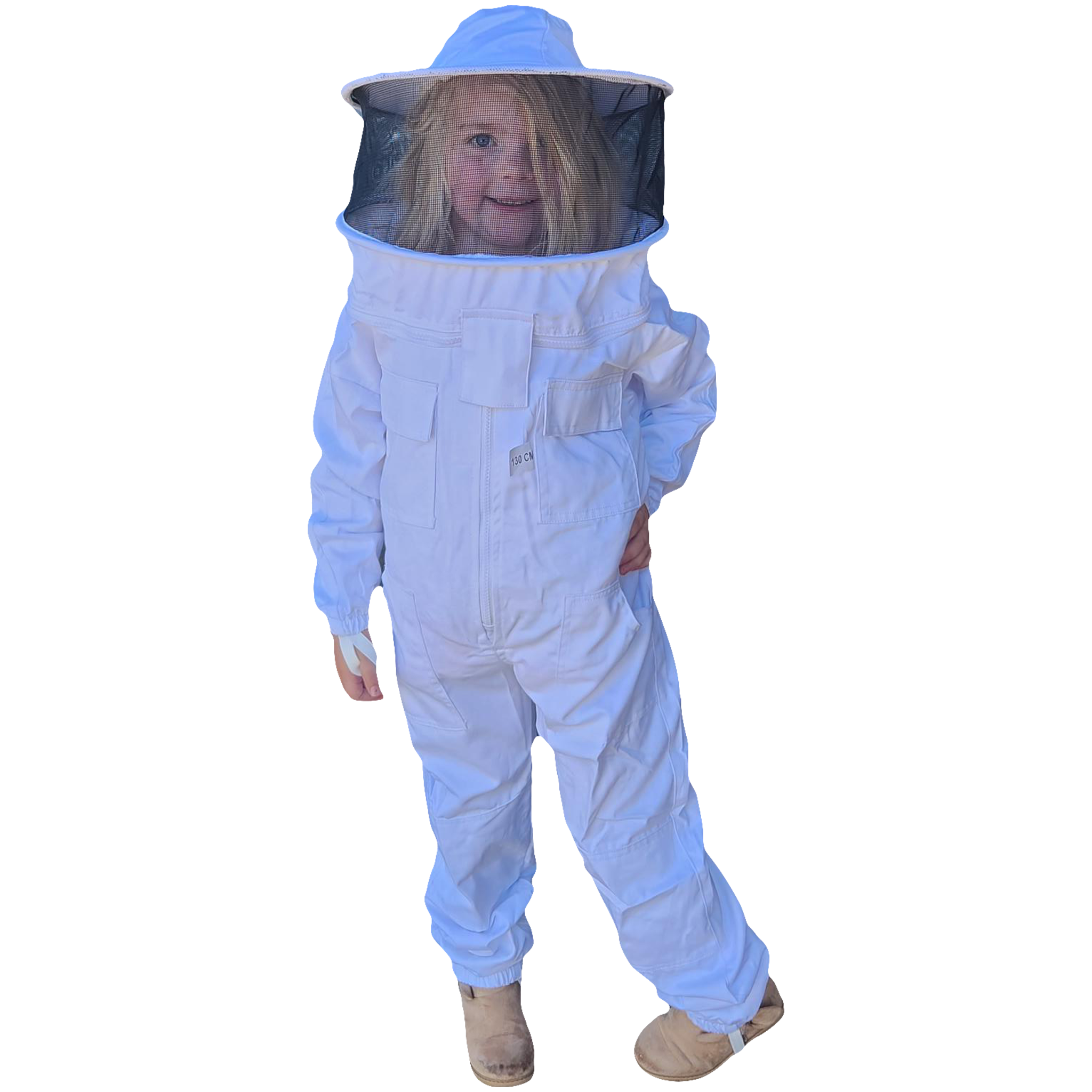 White Poly Cotton Children's Beekeeping Suits With Fencing and Round Hat Veils