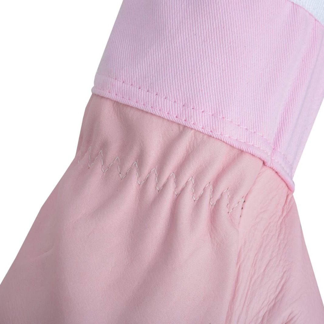 Close-up details highlighting the craftsmanship of OZ ARMOUR Pink Cow Hide Ventilated Gloves.