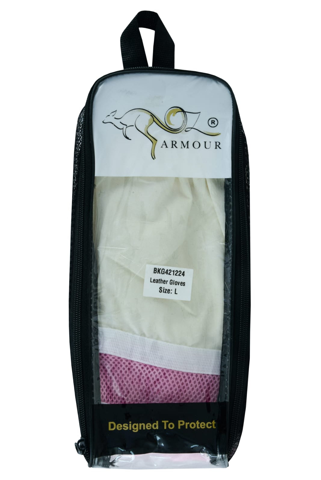 Unveil the elegance – OZ ARMOUR Pink Cow Hide Ventilated Gloves presented in stylish packaging.